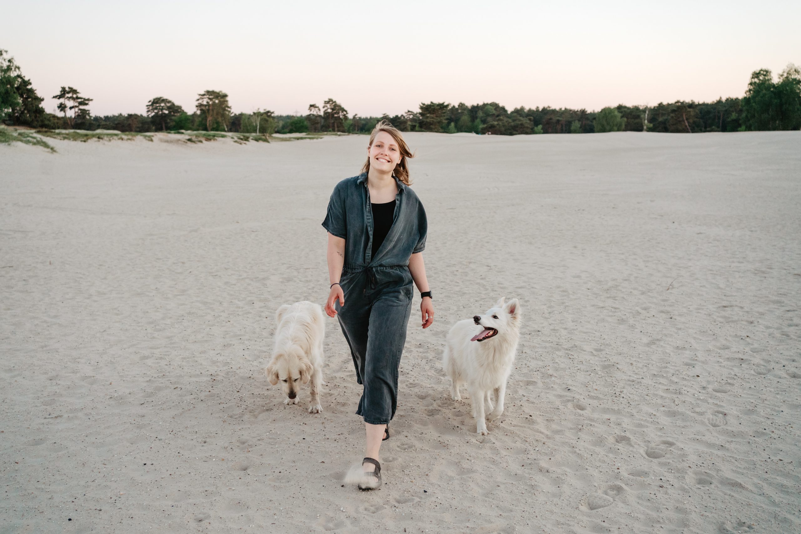 Hondengedragscoach Lisse van de Groep wandelt met haar golden retriever en witte herder door de duinen