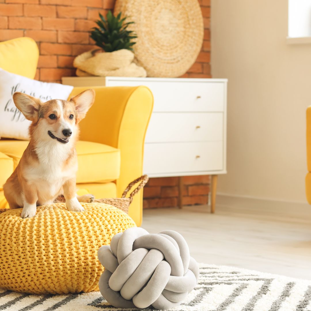 Corgi zit op een gele poef met oren omhoog, gele bank op de achtergrond