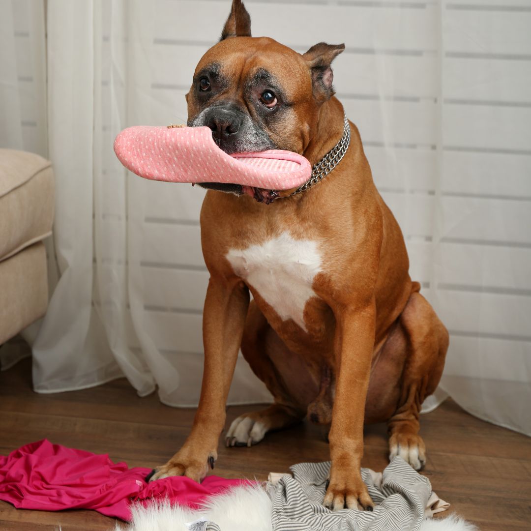 Bruine hond zit met roze slof in zijn bek