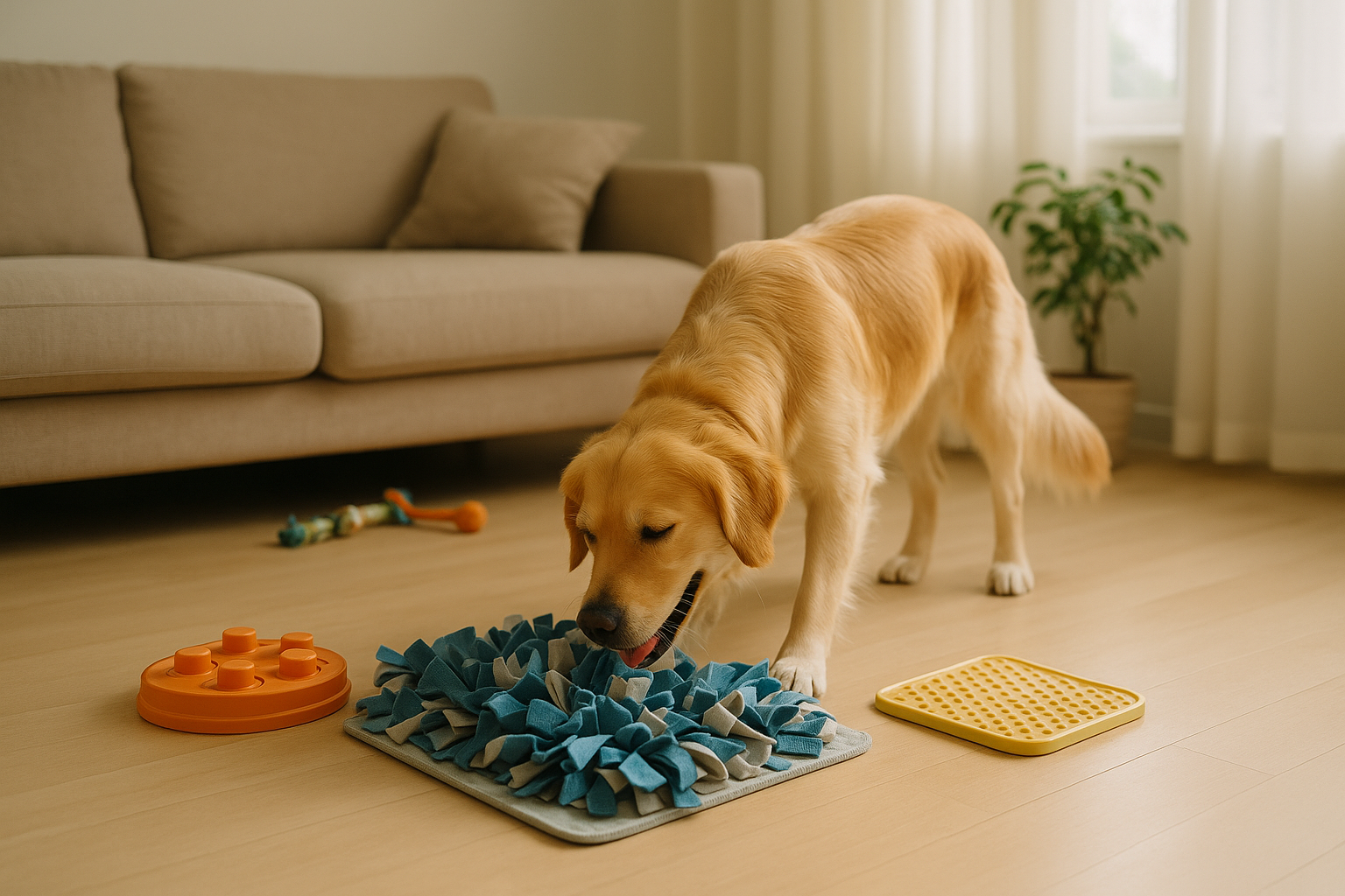 Blonde hond snuffelt in een snuffelmat